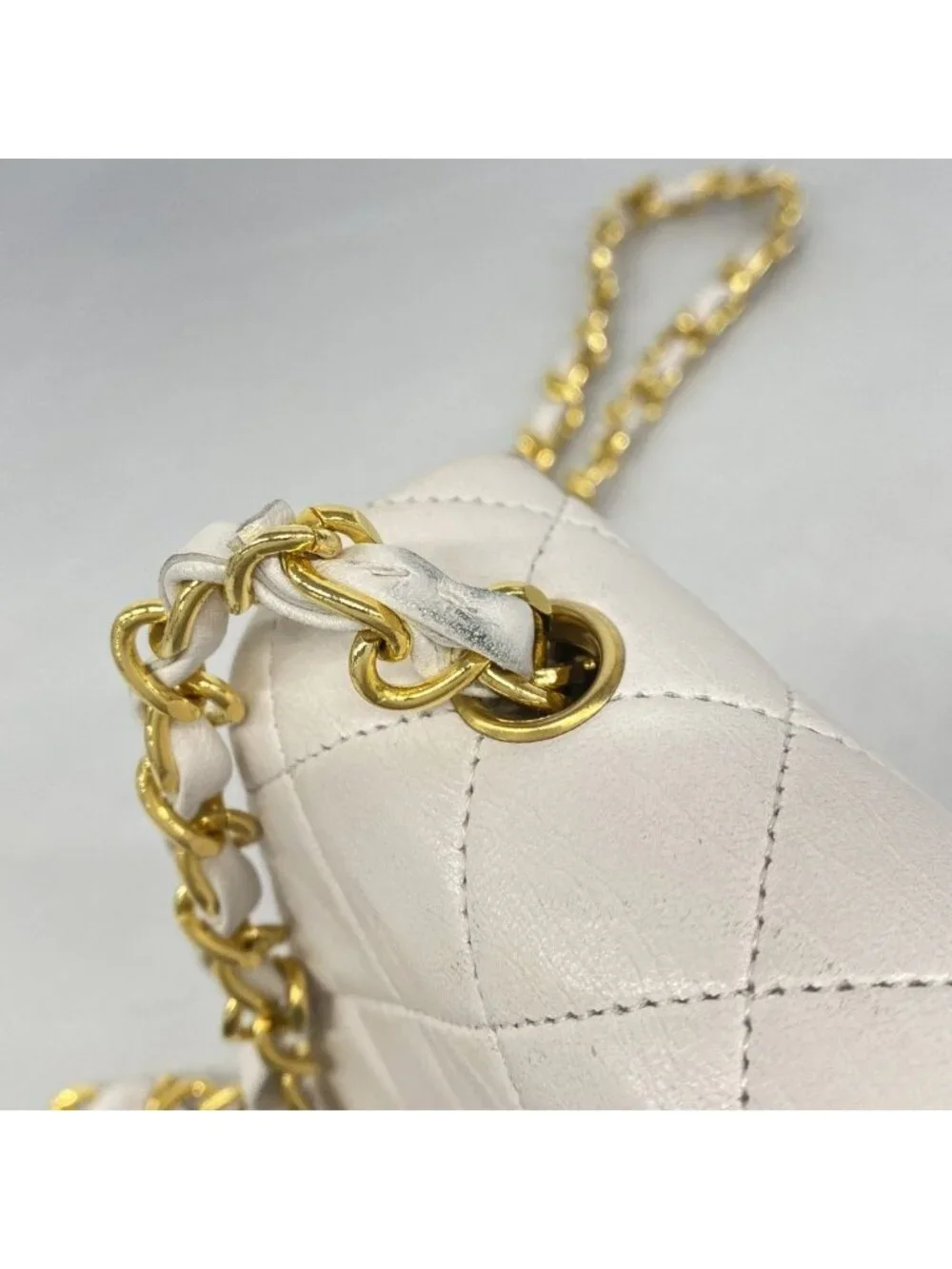 Chanel Shoulder Bag Quilted Lambskin White Gold